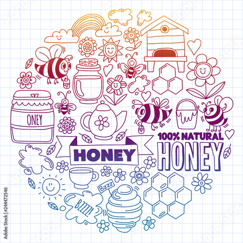 Vector image of bees, organic farm honey. Pattern with summer flowers. Healthy food.