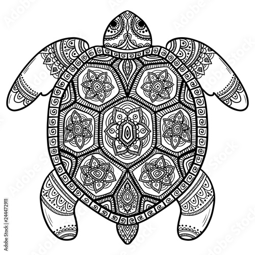 Abstract turtle. Carved turtle. Stylized fantasy patterned turtle. Hand drawn vector illustration with traditional oriental floral elements.