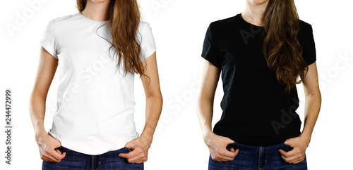 A girl in an empty white and black t-shirt. Front view. Close up. Isolated on white background photo