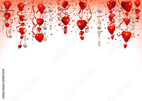 Valentine Background with Hanging Hearts, Pearls and Red Confetti - Colored Illustration, Vector