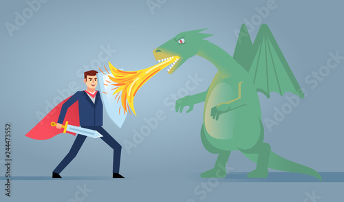 Businessman with shield and sword fights against green dragon. Man fights against strong opponent, business obstacles. Simple style vector illustration