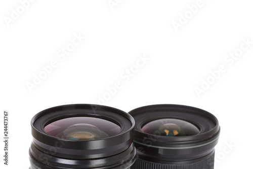 Lens for the camera on a white background : COPY SPACE