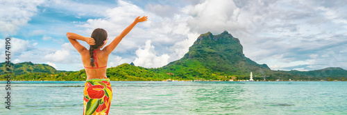 Photos Happy Tahiti tourist travel woman enjoying freedom vacation in paradise