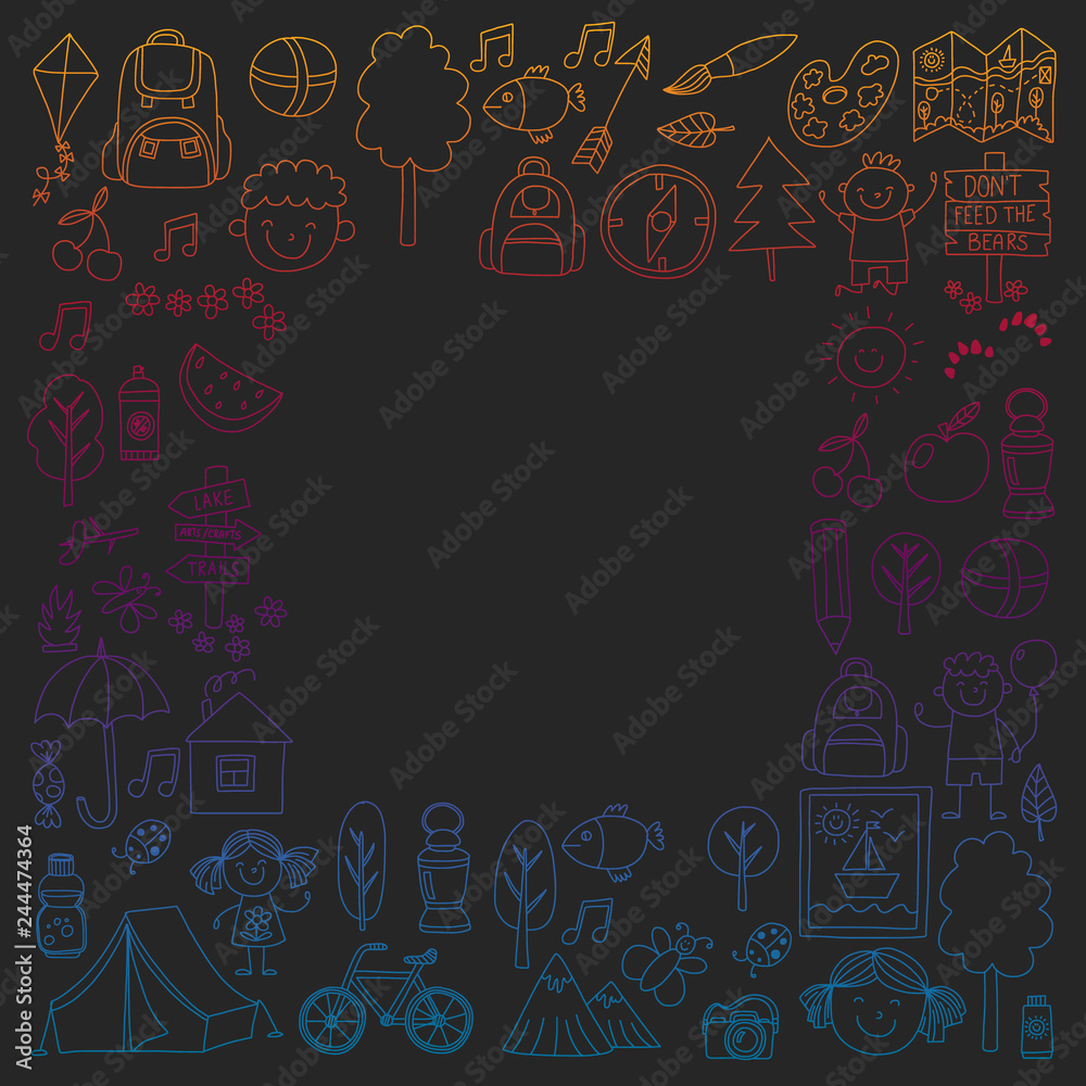 Vector set of camping, hiking icons for little children. School and kindergarten kids vacation.