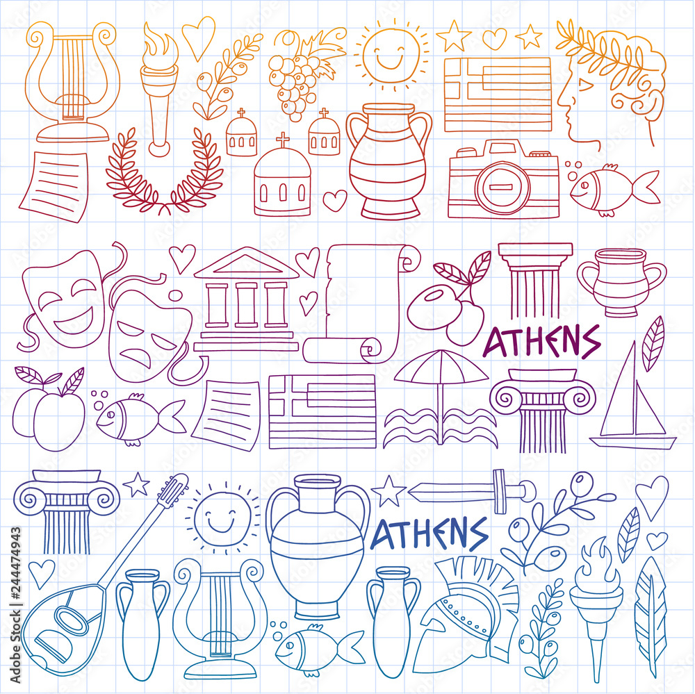 Travel to Greece. Vector set with doodle style icons Travel to Greece. Vector set with doodle style icons