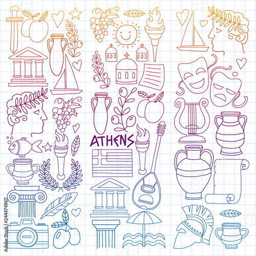 Travel to Greece. Vector set with doodle style icons