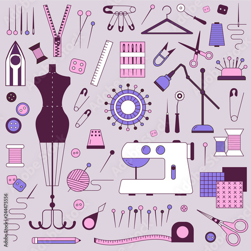 Sewing and dressmaking equipment and handcraft supplies elements set. Tailor needlework accessories with mannequin, spool of thread, needle, scissors, fabric, pincushion with pins, sewing machine.