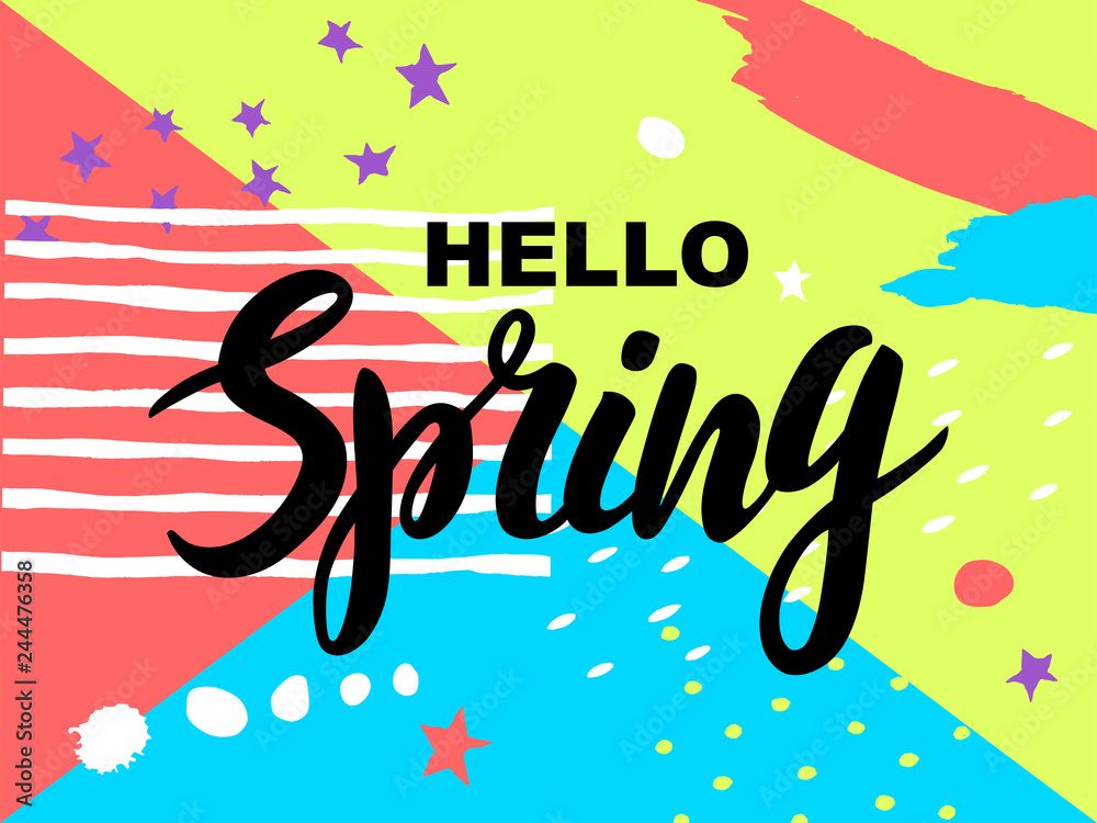 Spring season banner. Greeting card with inscription hello Spring and hand drawn watercolor decor on modern color bright background. Design for posters, flyers, invitation, brochure, voucher discount Spring season banner. Greeting card with inscription hello Spring and hand drawn watercolor decor on modern color bright background. Design for posters, flyers, invitation, brochure, voucher discount