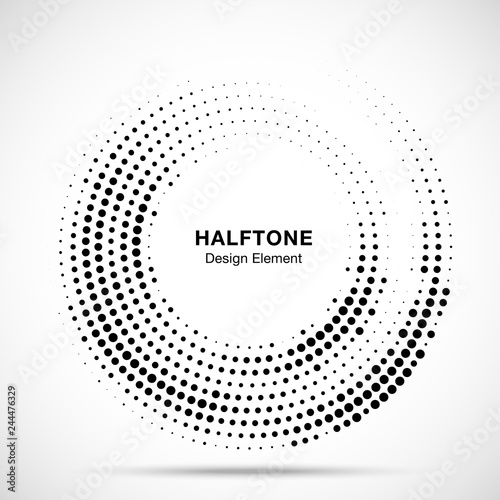 Halftone circle dotted frame circularly distributed. Abstract dots logo emblem design element. Round border Icon using random halftone circle dot raster texture. Half tone circular background pattern.