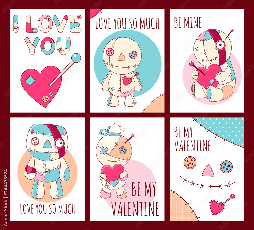 Set of Valentine's day banners with cute voodoo dolls