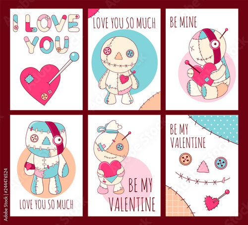 Set of Valentine's day banners with cute voodoo dolls