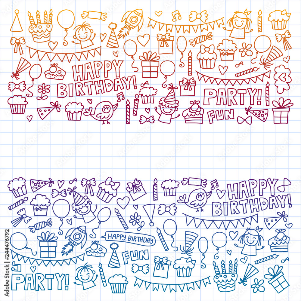 Vector pattern for birthday party for little kindergarten, school children. Kids drawing doodle style Vector pattern for birthday party for little kindergarten, school children. Kids drawing doodle style