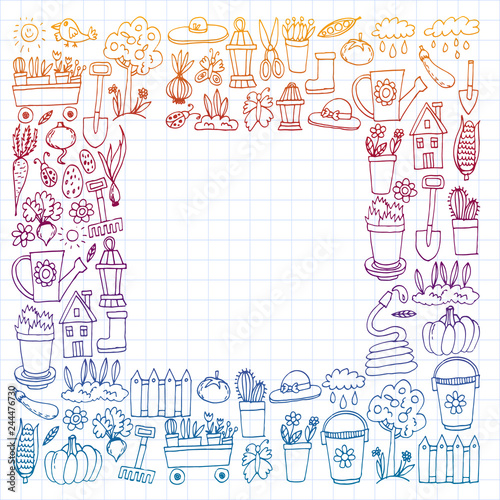 Garden, agriculture, garden tools, equipment, harvest. Icons of gardening items.