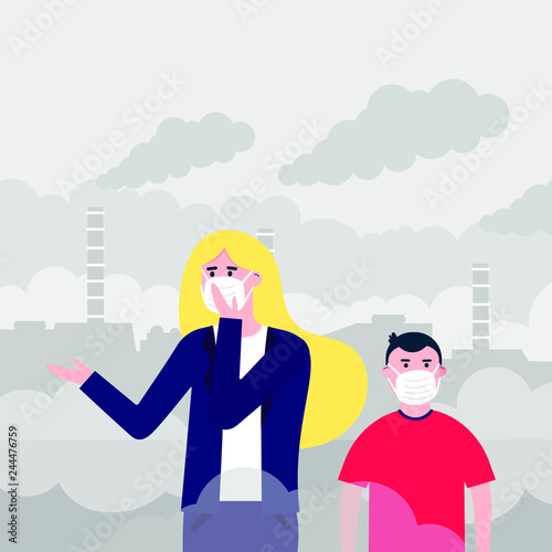 Confused woman and kid in masks against smog. Fine dust, air pollution, industrial smog protection concept flat style design vector illustration. Industrial factory pipes with huge clouds of smoke.