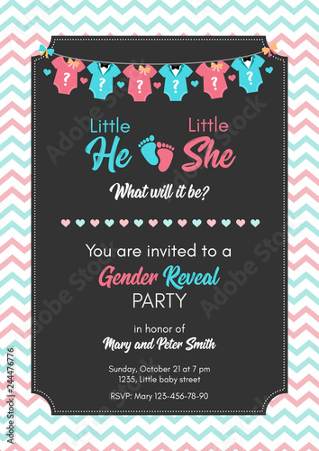 Gender reveal invitation template, baby shower party.