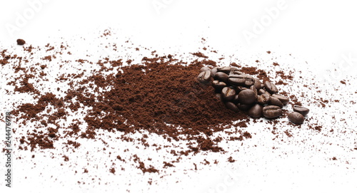 Milled coffee powder with beans isolated on white background