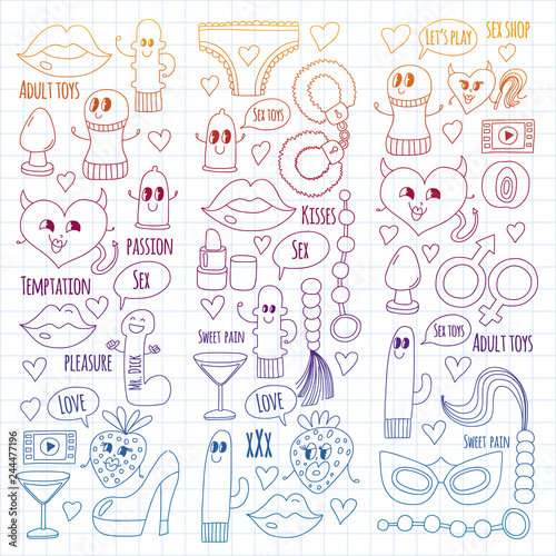 Funny icons for sex shop. Cute cartoon characters. Dildo, strawberry, condom, heart. Love and play