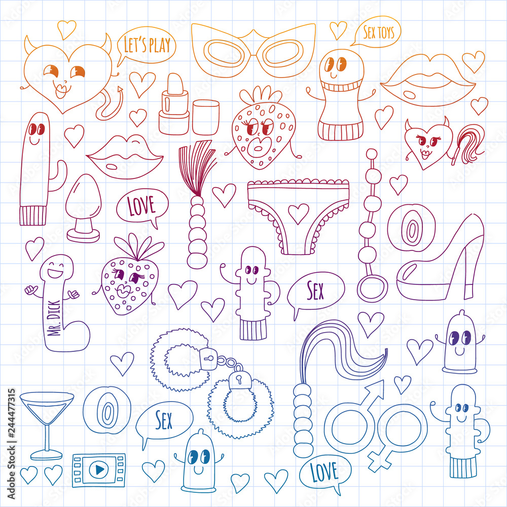 Funny icons for sex shop. Cute cartoon characters. Dildo, strawberry, condom, heart. Love and play
