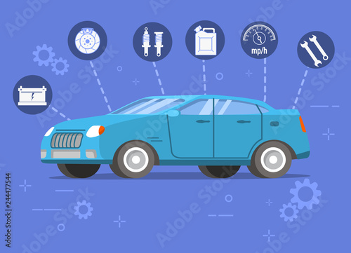 Fototapeta Naklejka Na Ścianę i Meble -  Car repair service. Blue sedan and auto parts. Concept of design vehicle horizontal banner. Flat vector.