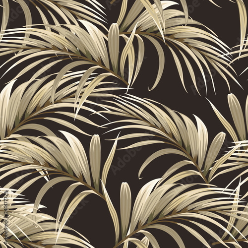 seamless pattern with golden palm leaves on a dark background