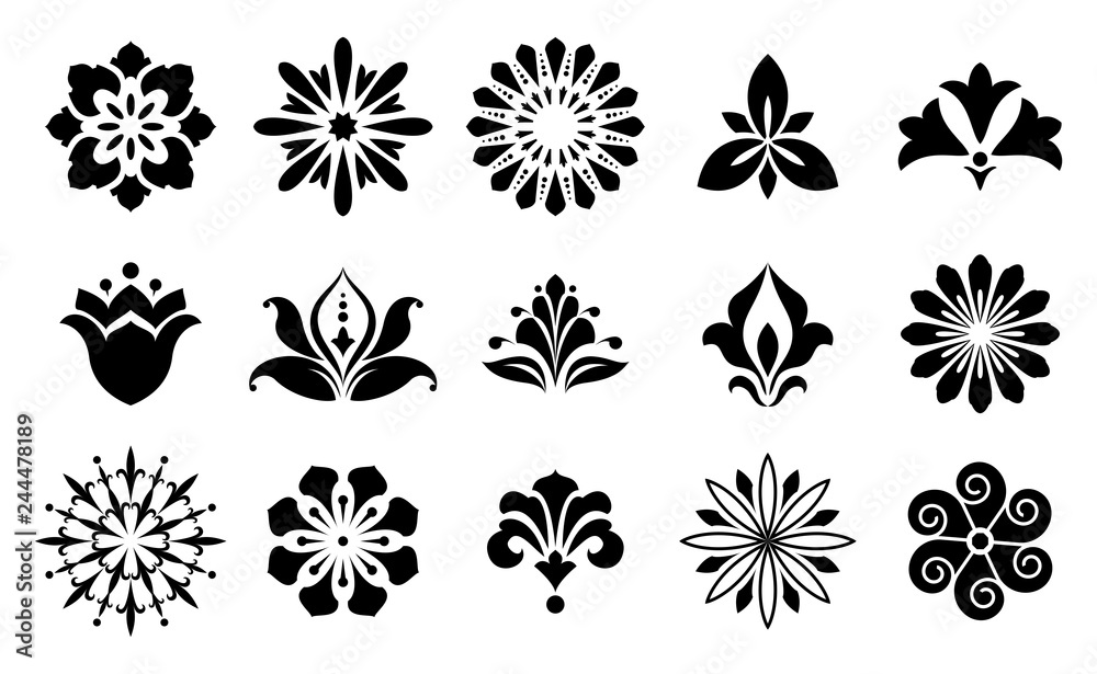 Collection of different stylistic flowers in black and white .Vector graphic.