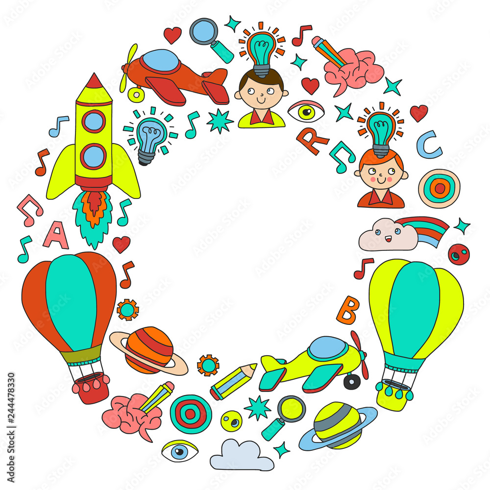 Obraz premium Education and imagination illustration for little children. Image for kindergarten, school kids. Travel, adventure, exploration.