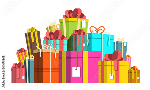 Gift Box Pile. Colorful Paper Vector Present Boxes Heap Isolated on White Background.
