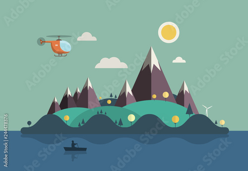 Landscape with Boat on Ocean. Vector Flat Design Island Illustration with Hills, Mountains and Helicopter