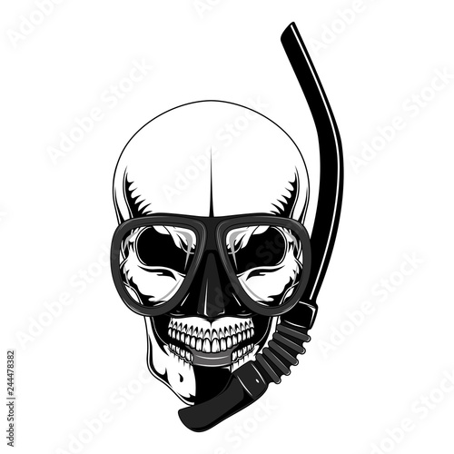 Vector image of a skull with a mask and snorkel for scuba diving.