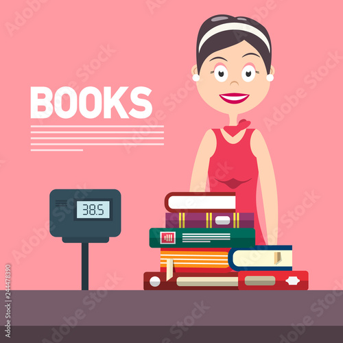 Woman with Cash Box in Bookstore. Books Flat Design Vector Illustration.