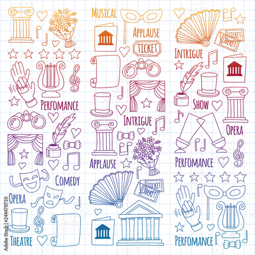 Vector set with theatre icons. Entertainment, show, musical perfomance