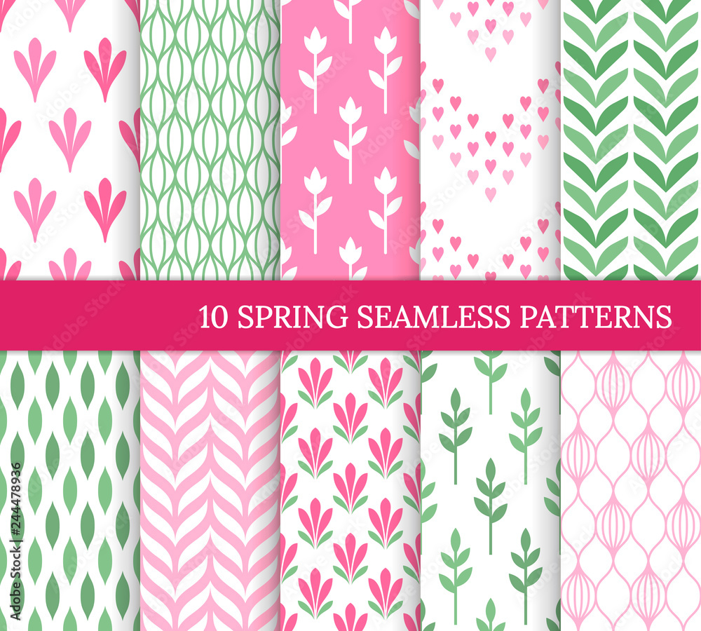 Ten spring seamless patterns. Romantic pink and green backgrounds for wedding or Mother's day. Endless delicate texture for wallpaper, web page, wrapping paper. Retro style. Flower, heart, leaf, curve