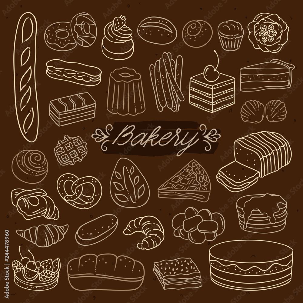 Bakery vintage outline illustrations on dark background. Pastry, sweet pies and cakes vector set