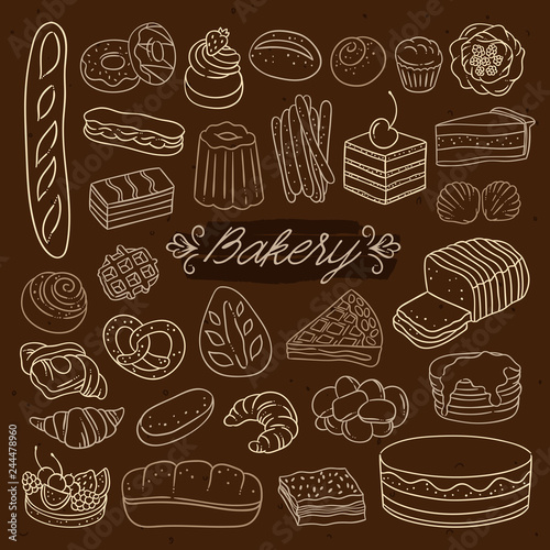 Bakery vintage outline illustrations on dark background. Pastry, sweet pies and cakes vector set