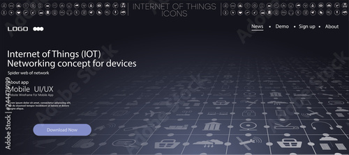 	 Internet of things (IoT) and networking concept for connected devices. Spider web of network connections with on a futuristic gray background EPS10