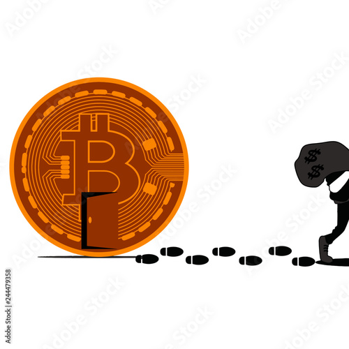 Illustration of cybercrime on bitcoin ponzi scheme. Robber steal cash from bitcoin. Cryptocurrency fraud concept. Cryptocurrency Market Manipulation.