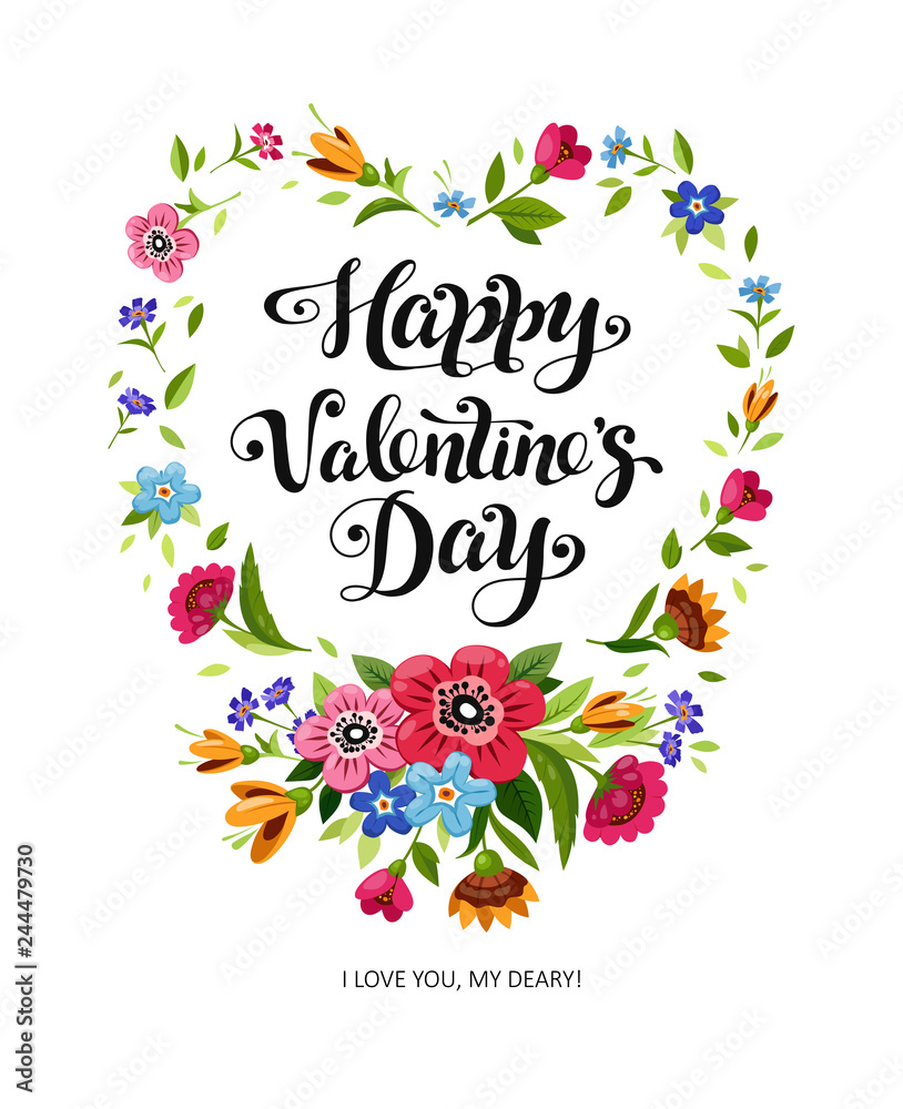 Happy Valentines Day card. Elegant lettering in floral frame. Vector heart frame