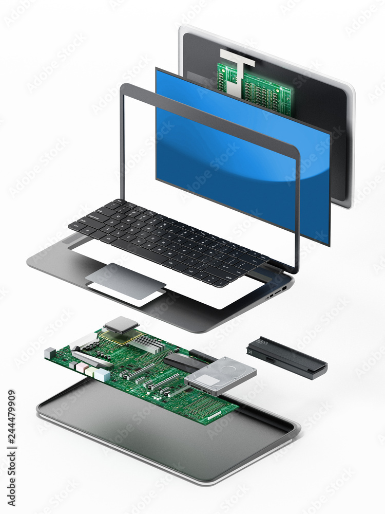 Structure of laptop computer showing spare parts. 3D illustration Stock  Illustration | Adobe Stock