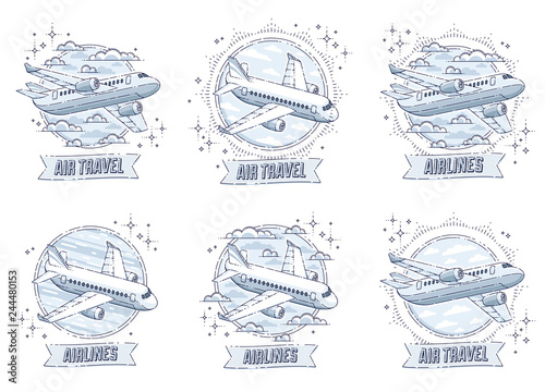Plane airliner with round shape and ribbon with typing, airlines air travel emblems or illustrations set. Beautiful thin line vectors set isolated over white background.
