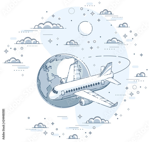 Plane airliner with earth planet in the sky surrounded by clouds, airlines air travel illustration. Beautiful thin line vector isolated over white background.