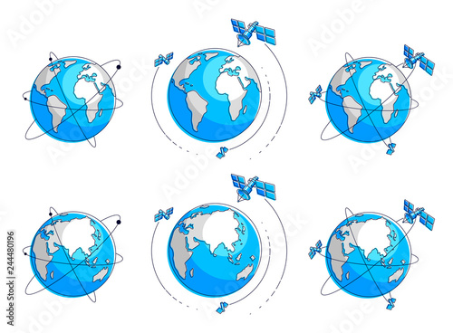 Global communication technology satellites flying orbital spaceflight around earth, spacecraft space stations with solar panels and satellite antenna plate. Thin line 3d vector illustrations set.
