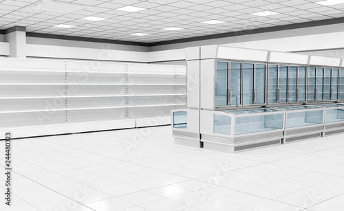 Foto Interior empty supermarket with  showcases freezer