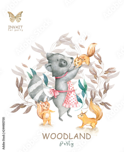 Cute watercolor bohemian baby cartoon roccoon and squirrel animal for kindergarten, woodland deer, fox and owl nursery isolated forest illustration for children. Forest animals. photo