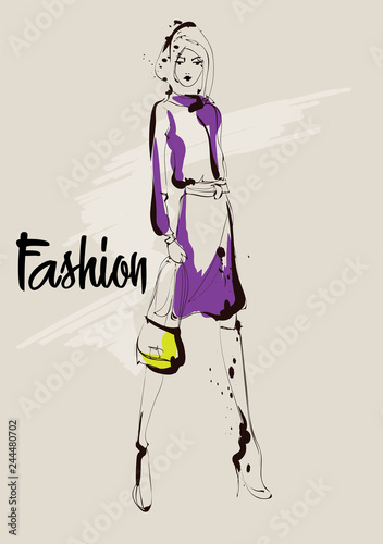 Fashion girl sketch. Fashion illustration. Drawing fashion model
