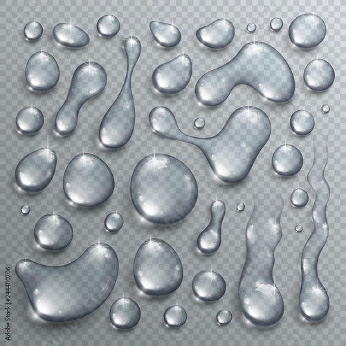 Water drops set vector realistic 3d elements collection, transparent dew condensation drops over transparency checker mesh, ready to put over any background.