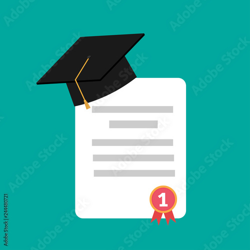 Graduation cap and diploma icon flat design