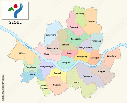 seoul administrative and political vector map with flag