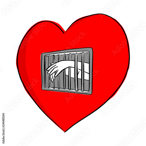 hand of person in the jail of the red heart shape vector illustration sketch doodle hand drawn with black lines isolated on white background