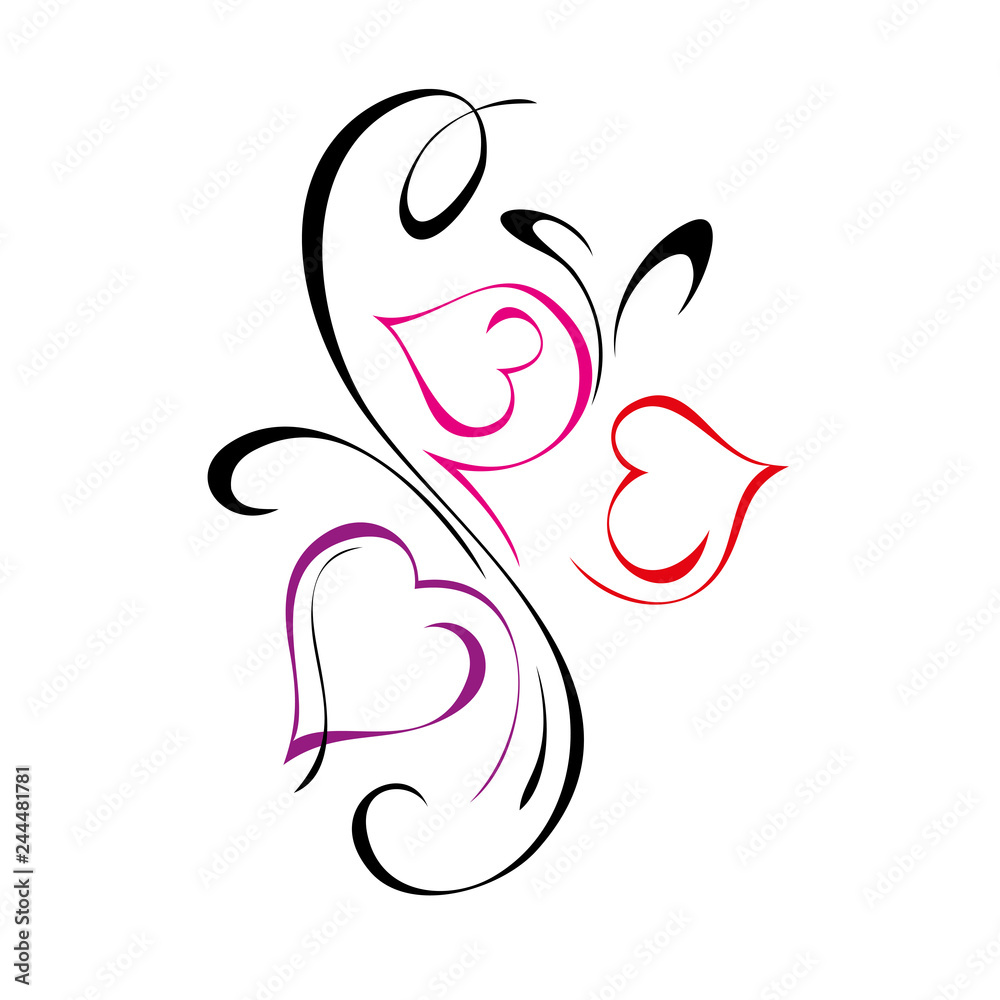 three stylized pink hearts with curls on white background three stylized pink hearts with curls on white background