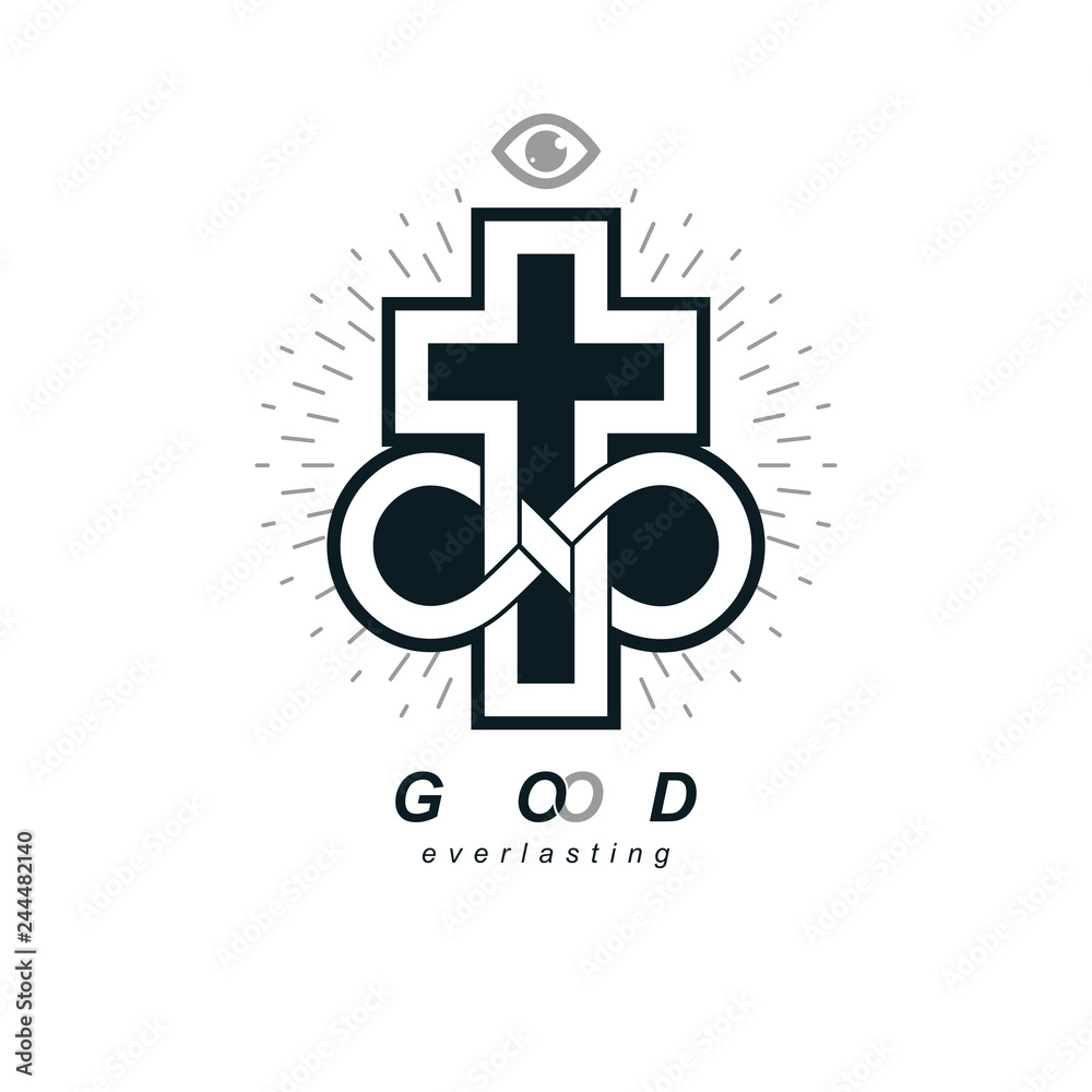 Fototapeta premium True Infinite Christian Belief in God, vector creative symbol design, combined with infinity eternal loop and Christian Cross, vector logo or sign.